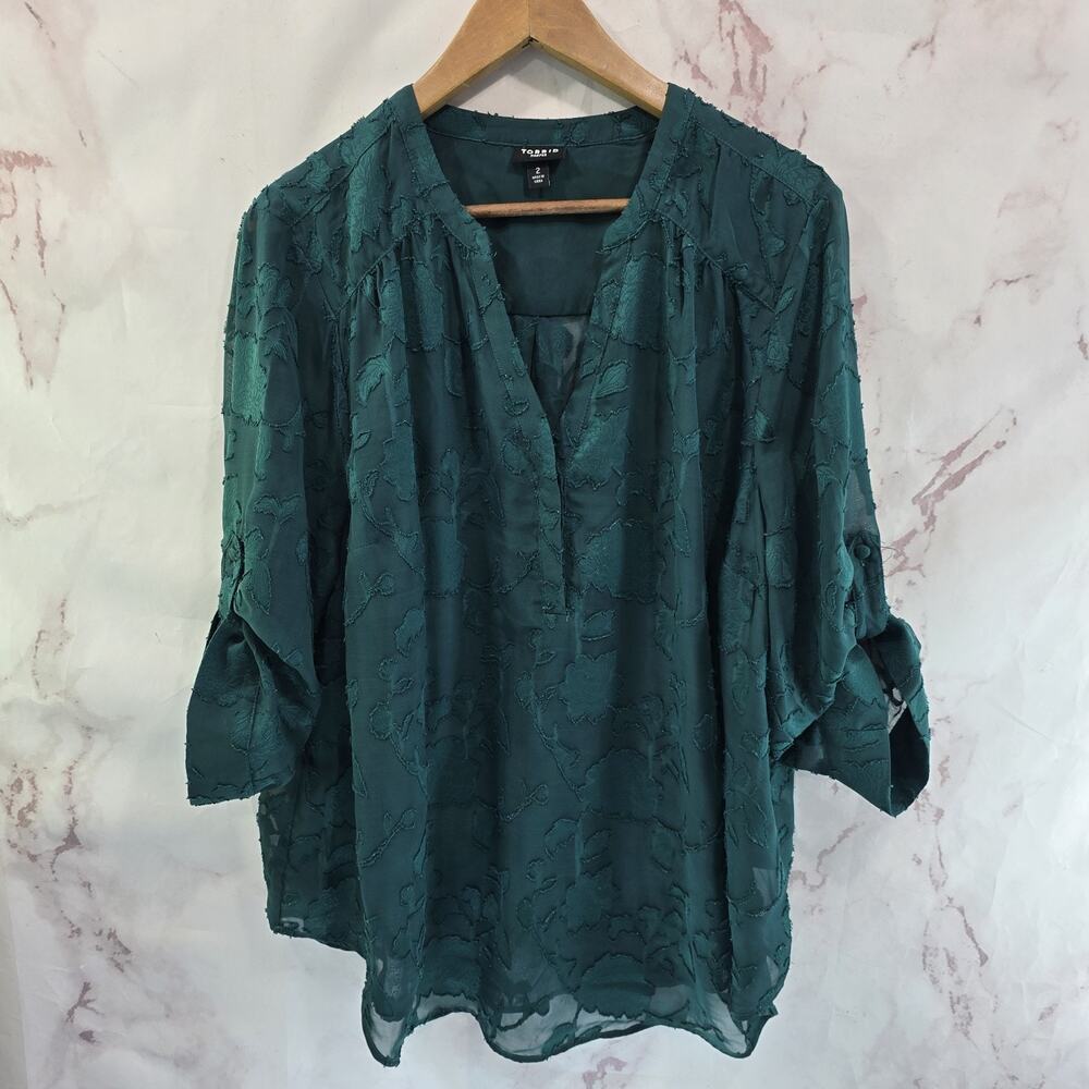 Torrid Shirt Womens 2 2X Green Blouse Popover Sheer Dark Forest Notch Floral